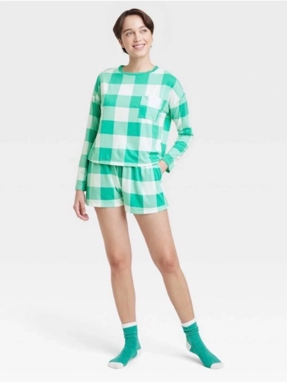 COLSIE Plaid Pajama & Sock Set, Women’s XS, Green White